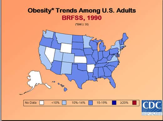 Taux d'obésité aux États-Unis en 1990.