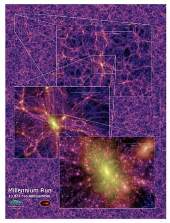 Figure 5 : La simulation du Millennium montre bien la complexité de la structure de l'Univers. À très grandes échelles, l'Univers est uniforme, alors qu'à des échelles de la taille des amas de galaxies la distribution de matière est très inhomogène. © Domaine public