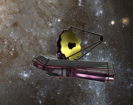Figure 9 : Autre vue du futur télescope spatial James-Webb, dont le lancement prévu initialement en 2014 a été repoussé à 2021. D'un diamètre de plus de 6 mètres, équipé d'une caméra et d'un spectrographe infrarouge, il devrait permettre de voir les premières galaxies qui sont se formées dans l'Univers. © Domaine public