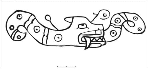 Figure 9 : serpent à tête féline gravé à Alto de la Guitarra. © A. Nuñez Jimenez, reproduction et utilisation interdites 