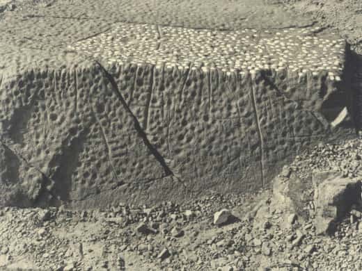 Figure 17 : vue rapprochée d'une pierre couverte de cupules et rainures de polissage. © J. Guffroy, reproduction et utilisation interdites 