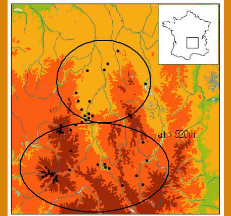 Fig. 1 - Carte des sites du Massif central avec restes fauniques, 40 000 – 7 500 BP.