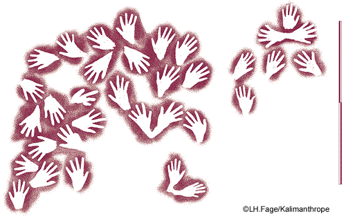 Le panneau de mains négatives de Masri 2, ici reconstitué à l'ordinateur par L. H. Fage, a servi de base pour élaborer le logiciel. © kalimain