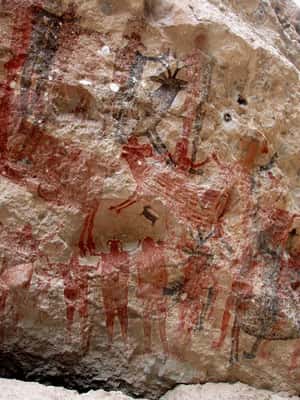 Peintures humaines et animales dans l'abri de Pintada, dans la Sierra de San Francisco (Baja California Sud, Mexique), également réalisées dans un contexte chamanique. © Jean Clottes - Tous droits réservés