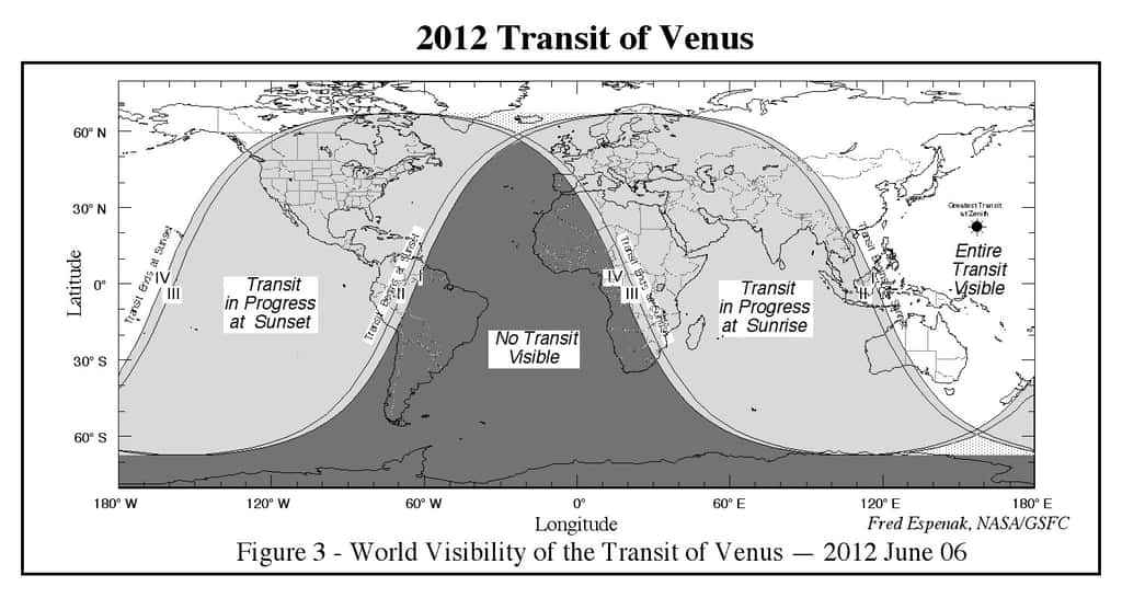 Conditions de visibilité du transit de Vénus les 5 et 6 juin 2012. © Nasa/GSFC 
