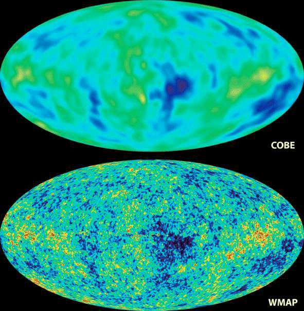 Une carte de la température du rayonnement de fond cosmologique comme mesurée en 1992 par le satellite COBE puis à partir des années 2000 par le satellite WMAP. La température sur la voûte céleste est essentiellement constante à part de petites fluctuations de l’ordre d’un cent millième. Crédit : Nasa.
