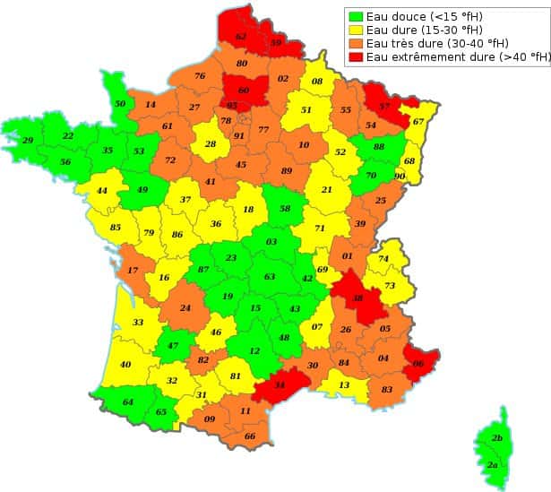 Dureté de l'eau en France, par département. © Wikipédia, domaine public
