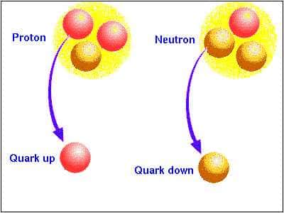 Un nucléon est constitué de <em>quarks up</em> et de <em>quarks down</em>. © DR