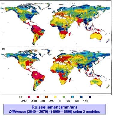 Fig. 8 : Augmentations et réductions du ruissellement (en mm/an). Prévisions pour le milieu du 21ème siècle, avec deux modèles différents appliqués au même scénario d'altération de l'atmosphère. D'après le rapport du GIEC (2001).