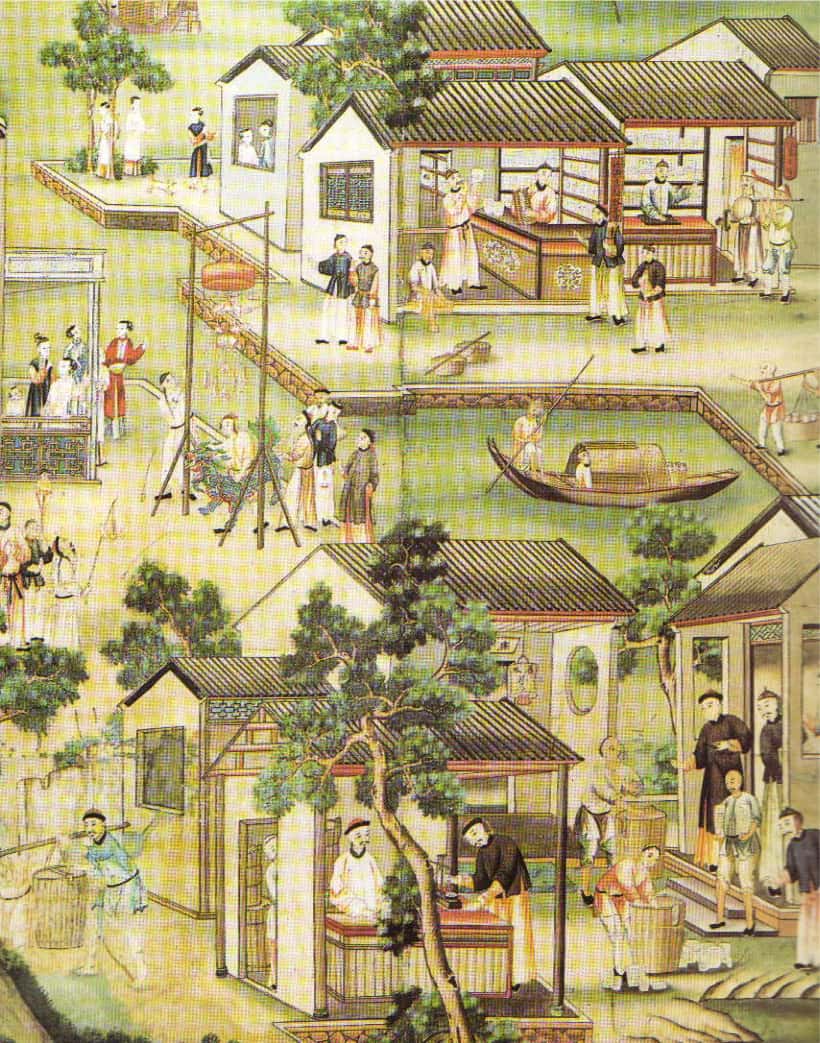 Détail de papier peint chinois de la fin XVIII<sup>e</sup> siècle illustrant la fabrication de porcelaines (musée du Louvre). 