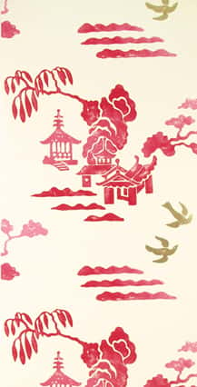 Papier bicolore d’inspiration japonaise, imprimé machine à la façon des toiles de Jouy. Lavable, à raccord non précisé. Pose d’un papier support recommandé. En rouleau de 0,52 x 10,05 m (61 €). Référence Tokyo Dahlia, collection Oriental garden. © Designers Guild 