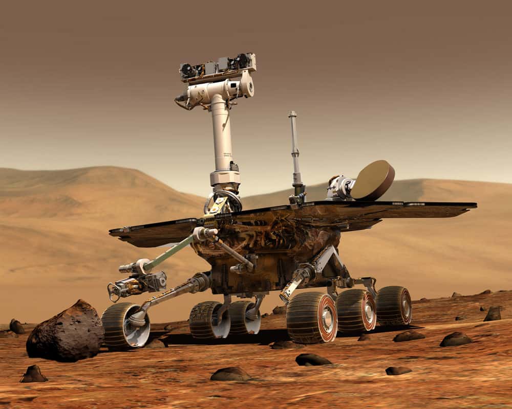 Figure 1. Vue de synthèse du robot Spirit de la Nasa dédié à l'exploration martienne. © Courtesy of Nasa/JPL-Caltech