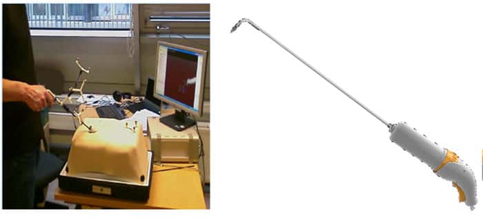 À gauche : le simulateur utilisé pour la conception d’instruments de chirurgie laparoscopique actifs. À droite : une vue de l’instrument Jaimy, issu de ces recherches, qui sera prochainement mis sur le marché par la société <a href="http://www.endocontrol-medical.com/" target="_blank">Endocontrol</a>. © Gauche : Isir-UPMC/Endocontrol