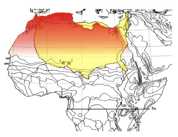 Comparaison entre l’étendue supposée de l’écosystème du Continental intercalaire (en rouge) et de la superficie actuelle des États-Unis (en jaune). © Modifié d’après Russell et Paesler (2003)