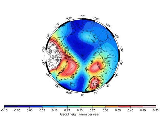 Changement du géoïde (en mm/an) provoqué par l'actuel rebond isostatique. © Ivins and James 2005(Antarctic Science)
