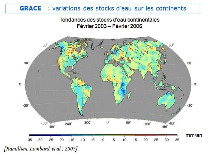 Évaluation par Grace des variations des masses d'eaux continentales (exprimées en millimètres) entre février 2003 et février 2006. © DR