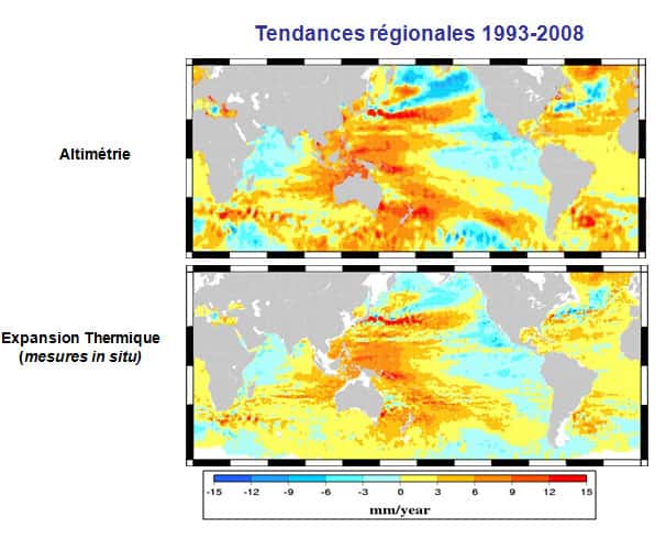 Variations spatiales de l’élévation du niveau de la mer 1992-2008 en mm/an, altimétrie (en haut) et variations spatiales de la part due au contenu thermique (en bas) en mm/an également. © Legos