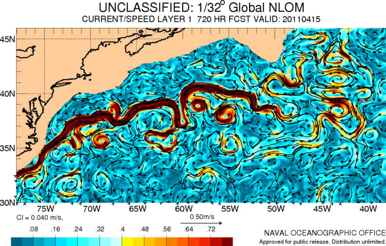 Le Gulf Stream le 15 avril 2011 tel que prévu un mois auparavant. © <em>US Naval Oceanographic Office </em>