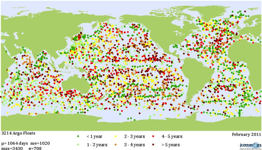 La répartition des flotteurs Argo dans l’océan mondial en février 2011. © Argo Project