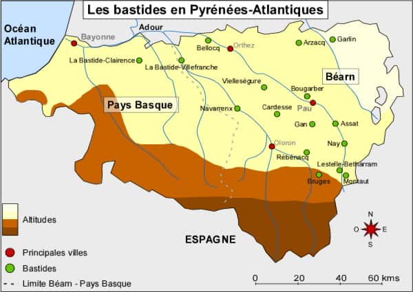 Carte des bastides en Pyrénées-Atlantiques, du Pays basque au Béarn. © CRDP Bordeaux