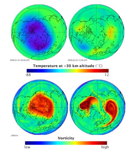 En hiver (ici, l’hiver boréal), lorsque la stratosphère est froide, le vortex polaire est fortement concentré (image en bas à gauche). En surface, les températures sont froides en Arctique. Lorsque la stratosphère est plus chaude, le vortex est déformé ou éclaté (image en bas à droite), sur l’Arctique, les températures sont anormalement élevées mais des vagues d’air froid envahissent les latitudes moyennes. © Nasa