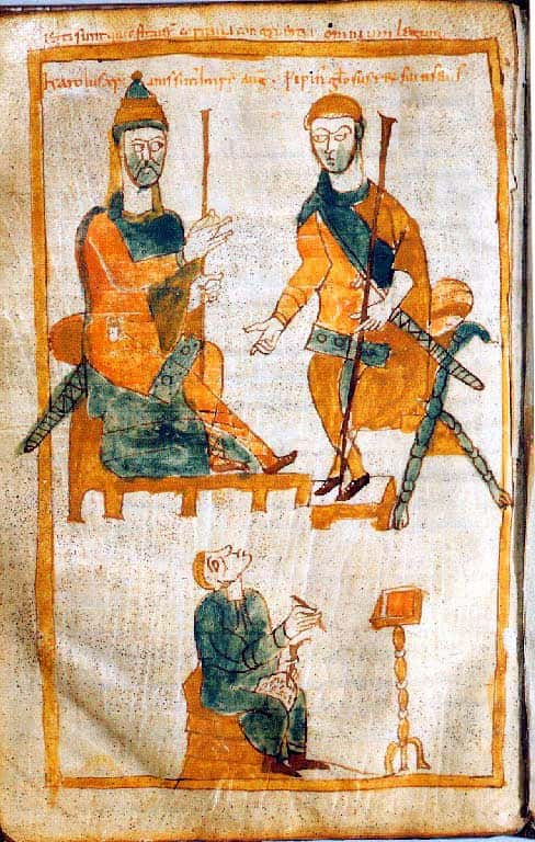 Cette copie de l'une des rares représentations d'époque de Charlemagne (en haut à gauche) le montre avec l'un de ses fils, Pépin le Bossu (en haut à droite). © DR