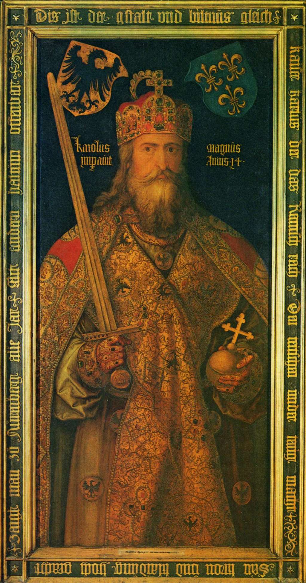 Portrait de Charlemagne réalisé pendant la Renaissance : l'empereur y est idéalisé et représenté comme père de l'Allemagne et de la France. © DR