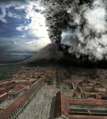 Reconstitution de l’éruption du Vésuve dans le docu-fiction <em>Le dernier jour de Pompéi</em> (2003). Cette catastrophe fit probablement plusieurs milliers de victimes. © Crew Creative, Wikipédia