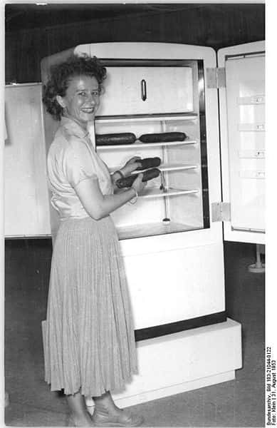 Dans les années 1950, le réfrigérateur a déjà sa place chez les particuliers. © Deutsches Bundesarchiv, Wikimedia, CC by-sa 3.0