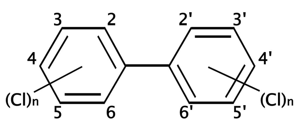  <br />Les PCB sont un ensemble de molécules qui ont toutes la même structure de base : un biphényle chloré. © D.328, Wikimedia, GFDL 1.2