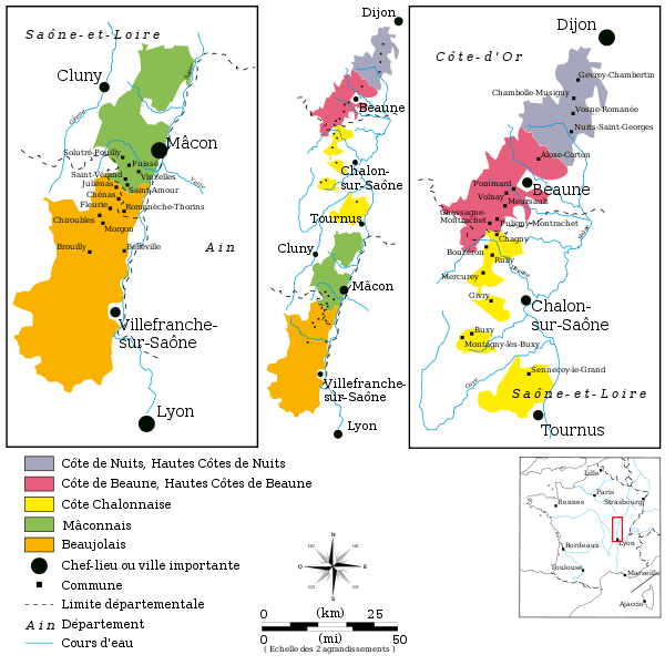 Les régions viticoles de Bourgogne (Chablis non inclus). Beaune, Châlon-sur-Saône et Dijon présentent des fameux vins de Bourgogne. © DalGobbom GNU1.2
