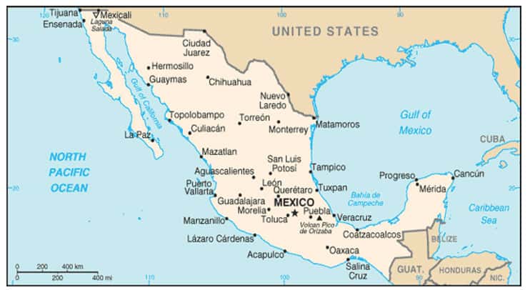 Carte du Mexique. La capitale, Mexico, passage obligé d’un voyage au Mexique, est installée à plus de 2.000 mètres d’altitude, ce qui explique des températures moyennes qui restent sous les 20 °C. © DR