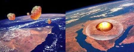La chute d'une météorite laisse un cratère d'impact sur Terre. © Documents T. Lombry et SDG 