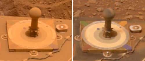 Ces deux images prises à 10 jours d'écart montrent l'effet de l'accumulation de la poussière sur la rover Spirit. A gauche après un séjour de 416 sols ou jours martiens (5 mars 2005) sous les vents poussiérieux de Mars. A droite après nettoyage de la plate-forme 10 jours plus tard (426eme sol, 15 mars 2005). Le fait d'avoir enlevé la poussière sur d'autres éléments vitaux a également produit une élévation de la puissance des plaques solaires équipant la rover. La base de la plate-forme de calibration mresure 8 cm de côté. Crédits : NASA/JPL/MER. 