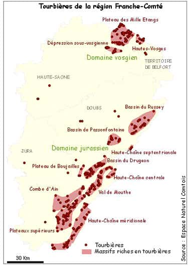 Carte des tourbières de Franche-Comté. © DR