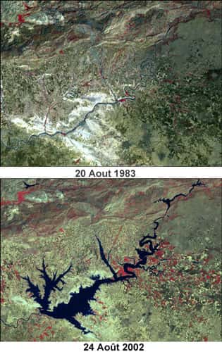 Image Lansat montrant la région avant l'entrée en service du barrage Atatürk, en 1983 (en haut), et après, en 2002 (en bas). © DR