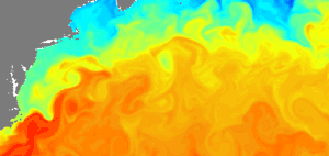 Tourbillons et méandres du Gulf Stream vus par le modèle haute résolution du Groupe Mercator (carte de température). 