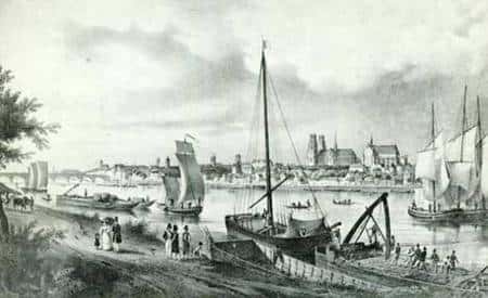 Navigation sur la Loire à Orléans en 1829 par Charles Pensée. On y voit plusieurs sortes de bateaux : chalands, accélérés, rambertes, toues et fûtreaux.