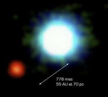 Figure 4 : première image d'une planète extrasolaire (en rouge) en orbite autour d'une étoile naine brune (en bleu). Image composite obtenue à partir d'observations directes faites par le VLT, au Chili. © ESO