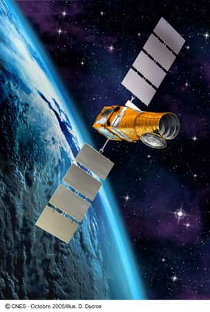 Figure 7 : une vue d'artiste de Corot dans l'espace. Le satellite a été lancé en 2006 depuis Baïkonour et placé sur une orbite polaire à 900 km d'altitude. © Cnes