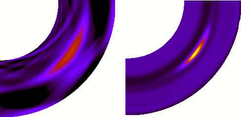 Figure 10 : simulation hydrodynamique à deux phases (gaz et solide) montrant l'évolution du gaz et des particules solides dans un disque qui génère des tourbillons persistants (Inaba et Barge, 2006). Les particules ont un diamètre de 3 cm. La figure de gauche montre le tourbillon de gaz (anticyclone) ; la figure de droite indique l'évolution de la composante solide. Les particules sont capturées par le tourbillon et tendent à se concentrer vers son centre (œil de l'anticyclone). La figure montre un seul cadran de l'anneau simulé. © DR