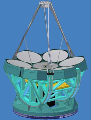 Figure 8. Une autre représentation du GMT. On notera l'échelle indiquée par la taille d'une personne à la base du télescope. © GMT 