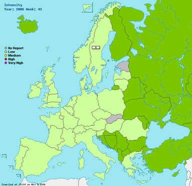 Carte hebdomadaire d'activité de la grippe en Europe. © www.eiss.org