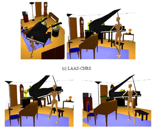 Deux robots mobiles avec un bras maniplateur et un mannequin virtuel coopèrent pour transporter un piano dans un environnement encombré. © LAAS-CNRS