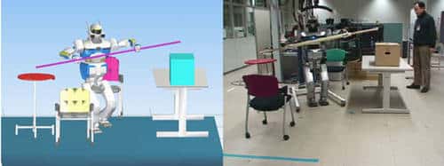  <br /><br />La simulation et l'expérimentation de planification de mouvement dynamique en 3D dans un environnement encombré. Une trajectoire a été planifiée qui permet au robot de transporter la barre en évitant les obstacles dans l'espace 3D en même temps de garder l'équilibre pendant la locomotion dynamique. © JRL/LAAS-CNRS