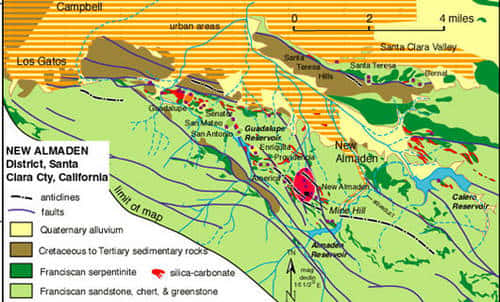 Carte géologique simplifiée de New Almaden (États-Unis). © DR