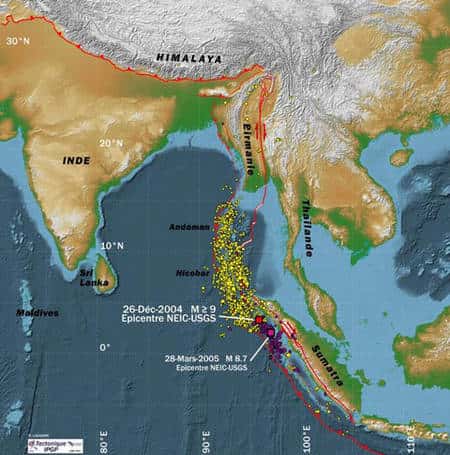 Figure 7 : Localisation des épicentres des événements sismiques majeurs des séismes de Sumatra (2004 et 2005) ainsi que des petits séismes qui s’en suivirent, les répliques.