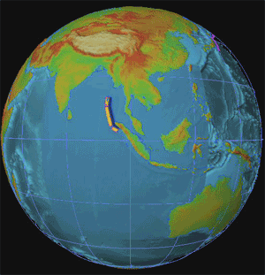 Figure 6 : Animation présentant la rupture le long de la zone de subduction qui a généré le séisme de Sumatra (2004 ) et illustrant la propagation du tsunami qu’il produisit.