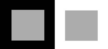 Ces deux carrés gris rigoureusement identiques dans leurs proportions illustrent le contraste noir et blanc. L'un est positionné sur un fond noir et l'autre sur un fond blanc. Le carré droit sur fond blanc paraît plus sombre et plus petit que le carré gauche sur fond noir. © DR
