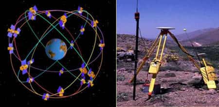 Le système GPS est basé sur un ensemble de satellites en orbite autour de la terre (à gauche) qui envoient en continu des signaux vers le Terre. Au sol des capteurs constitués d'une antenne et d'un récepteur enregistrent les signaux envoyés par les satellites (à droite). Le traitement de ces données permet de localiser avec précision les points où se situent les capteurs - A lire le dossier : &quot;<a href="//www.futura-sciences.com/fr/comprendre/dossiers/doc/t/physique/d/topographie-decouvrir-le-fonctionnement-du-gps_504/c3/221/p1/" target="_blank">Topographie : découvrir le fonctionnement du GPS</a>&quot;